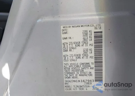 2018 Nissan Murano Sv из США, поврежденный, VIN 5N1AZ2MH1JN167943